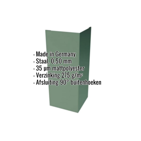 Buitenhoek staal mosgroen RAL 6005, 0,50 mm, 35 µm matpolyester coating, specificaties getoond