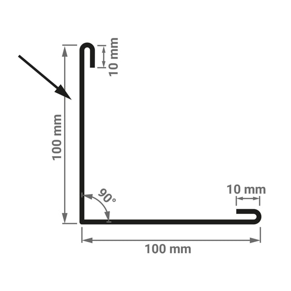 Technische tekening van de buitenhoek met 100 mm zijlengte en 10 mm druiprand