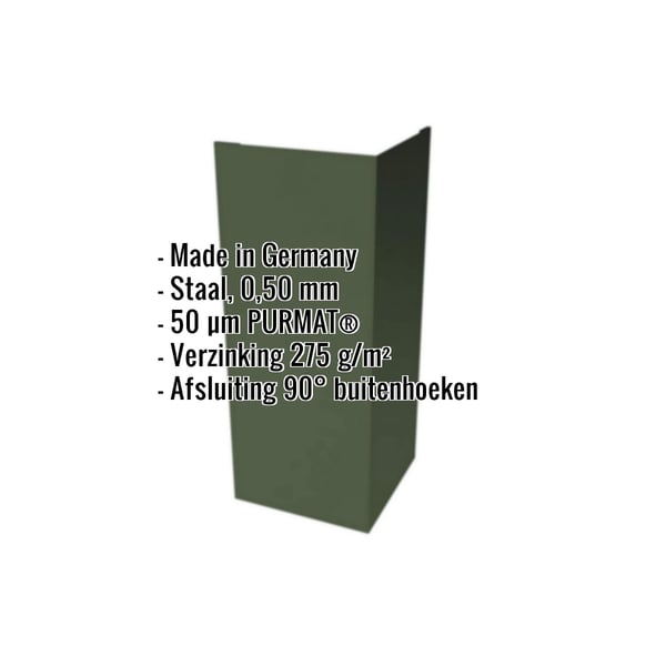 Buitenhoek van staal, groen RAL 6010, 0,50 mm dikte, 50 µm PURMAT coating, met ingebedde specificaties