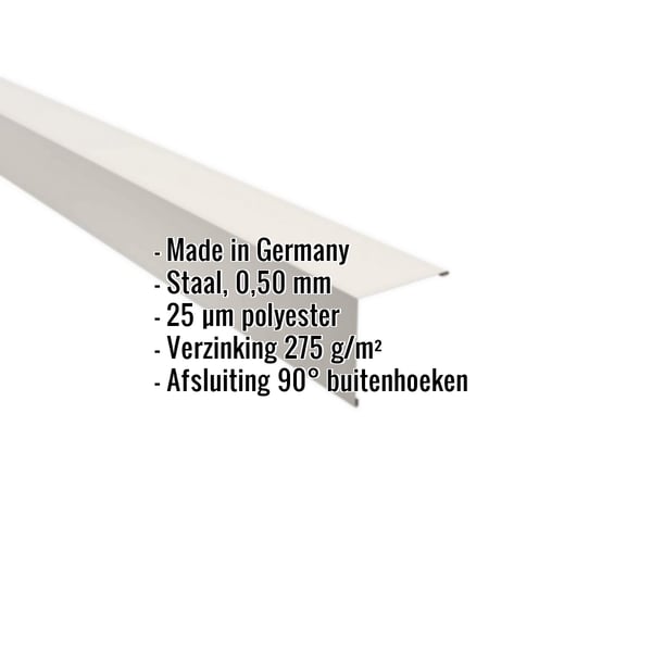 Buitenhoek van staal, zuiverwit RAL 9010, met ingebedde productdetails en herkomst Made in Germany