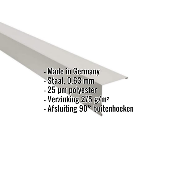 Buitenhoek van staal, Zilver-Metallic, met ingebedde specificaties voor materiaal, dikte en coating