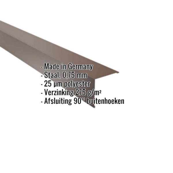 Buitenhoek staal 0,75 mm Notenbruin (RAL 8011) met 25 µm polyestercoating en ingebedde specificaties
