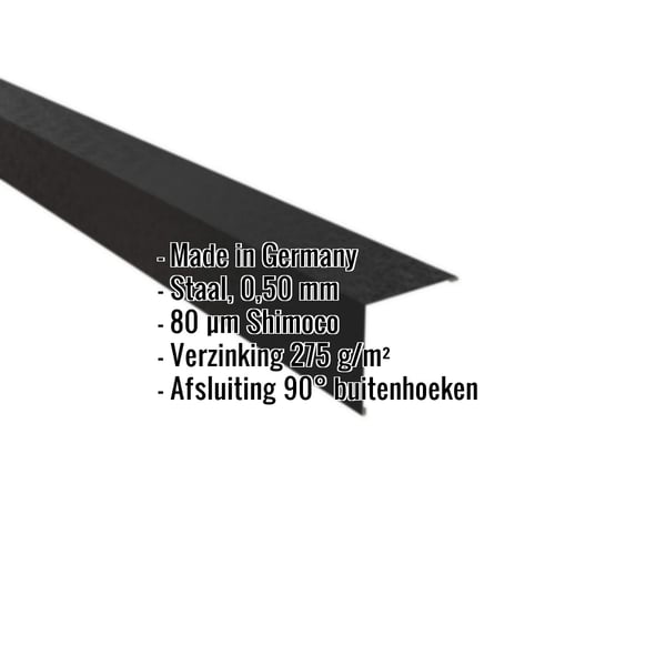 Buitenhoek Gitzwart RAL 9005 staal 0,50 mm, 80 µm Shimoco coating, met ingebouwde specificaties