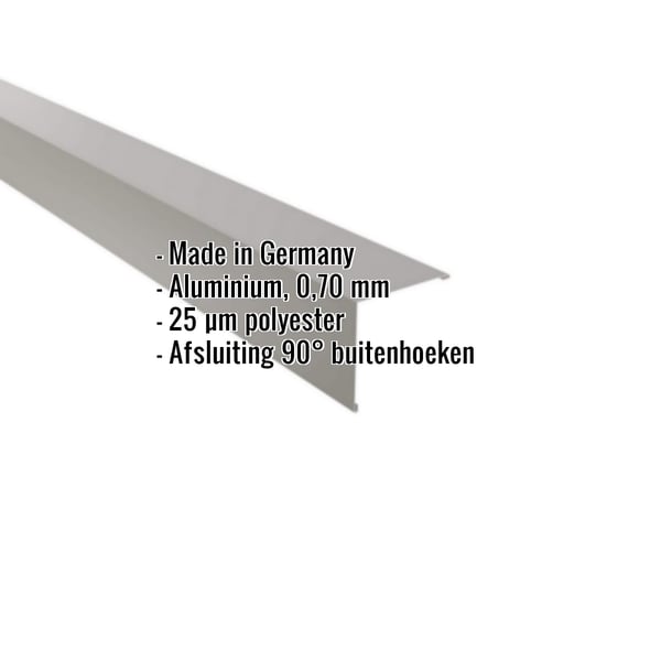 Buitenhoek aluminium RAL9007, 0,70 mm, met ingebedde gegevens over materiaal en coating