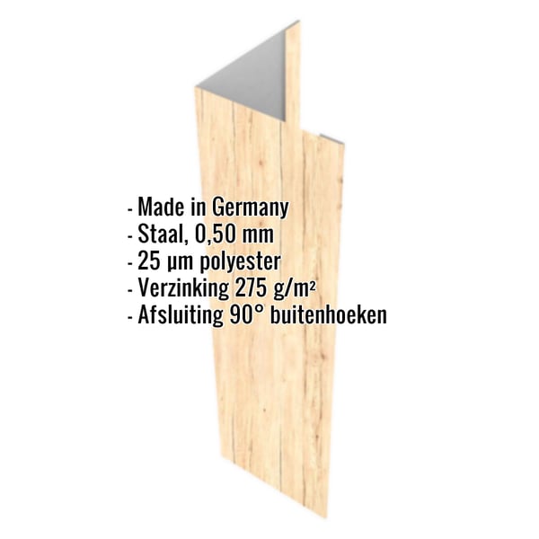Buitenhoek Esdoorn 0,50 mm staal met 25 µm polyestercoating, specificaties weergegeven