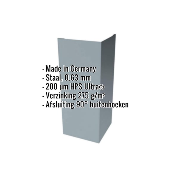 Buitenhoek van staal, 0,75 mm, Venstergrijs RAL 7040, met ingebedde specificaties en HPS Ultra coating