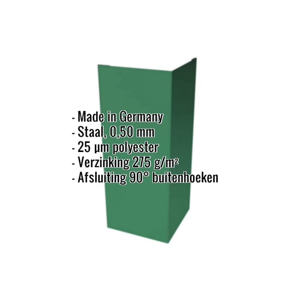 Buitenhoek staal 0,50 mm mintgroen RAL 6029 met 25 µm polyestercoating, specificaties weergegeven