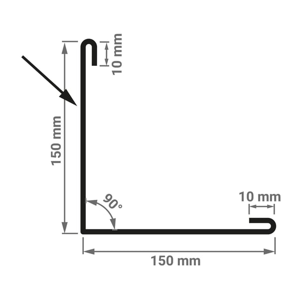 Technische tekening van de buitenhoek met afmetingen 150 mm x 150 mm en 90° hoek