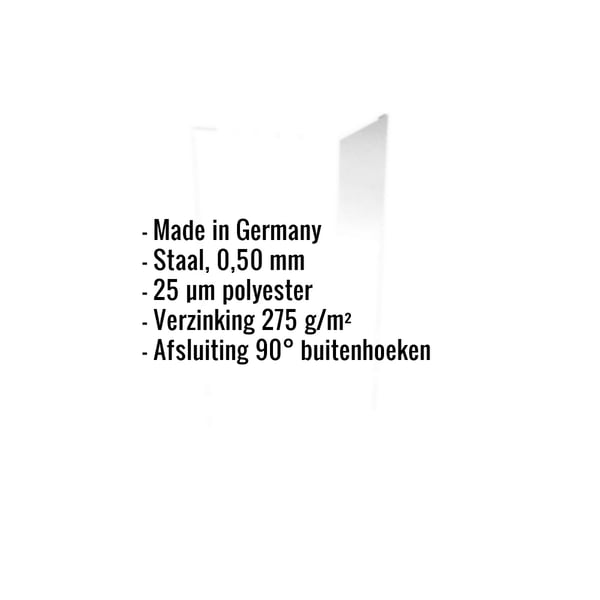 Buitenhoek staal 0,50 mm zuiverwit RAL 9010 met ingebouwde gegevens Made in Germany, materiaal, coating