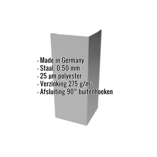Buitenhoek van staal, 0,50 mm, RAL9007, met ingebedde productgegevens en herkomst Made in Germany