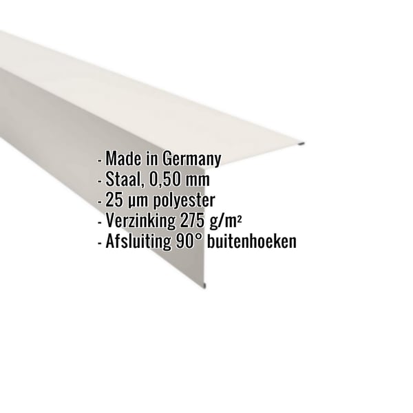 Buitenhoek van staal, zuiverwit RAL 9010, met ingebedde productdetails, infografiek