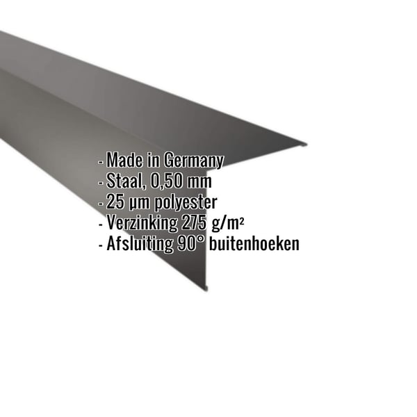Buitenhoek Gitzwart RAL 9005 staal 0,50 mm met 25 µm polyestercoating, productgegevens getoond