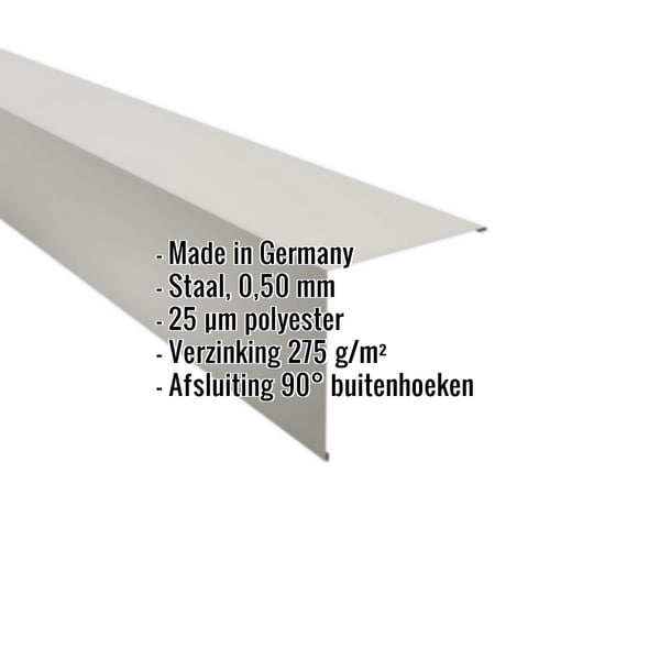 Buitenhoek Zilver-Metallic met productgegevens: Staal, 0,50 mm, 25 µm polyester, verzinking 275 g/m², 90°