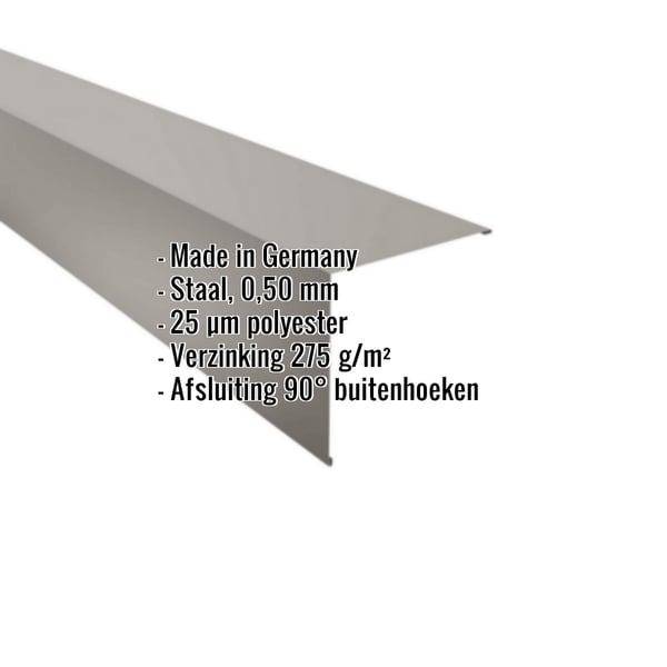 Buitenhoek van staal, RAL9007, 0,50 mm, met ingebedde productgegevens en herkomst Made in Germany