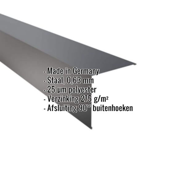 Buitenhoek van staal, antracietgrijs RAL 7016, 0,63 mm, met ingebedde productgegevens
