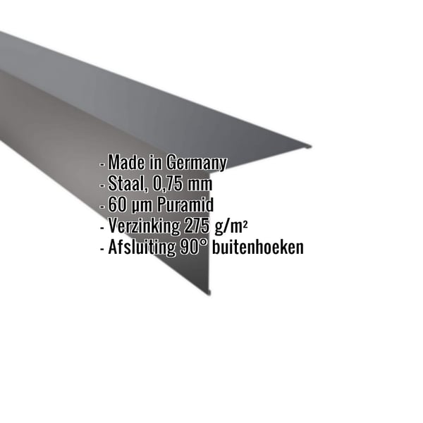 Buitenhoek staal 0,75 mm antracietgrijs met ingebedde productdetails zoals materiaal en coating
