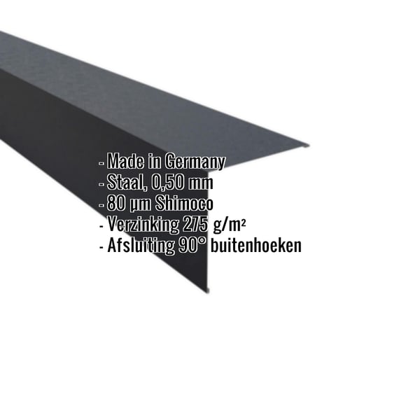 Buitenhoek van staal, Antracietgrijs RAL 7016, 0,50 mm dikte, met ingebedde productdetails
