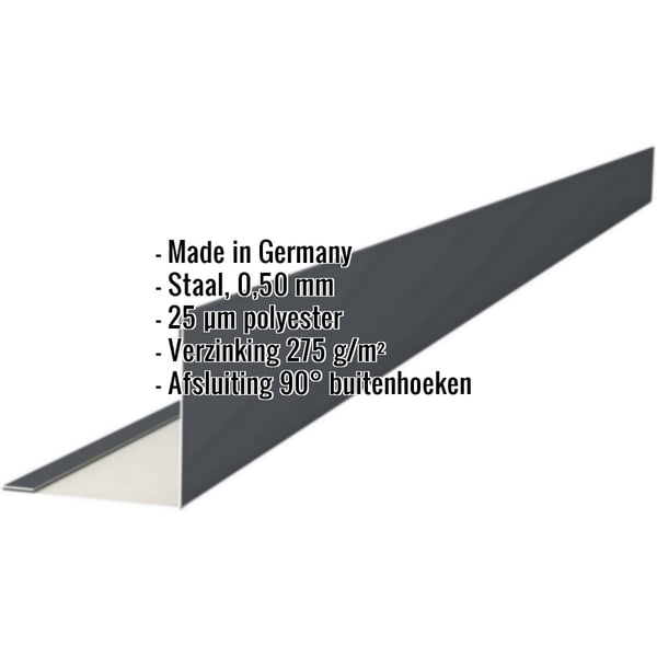 Buitenhoek antracietgrijs staal, 0,50 mm dik, met 25 µm polyestercoating, infografiek met productdetails