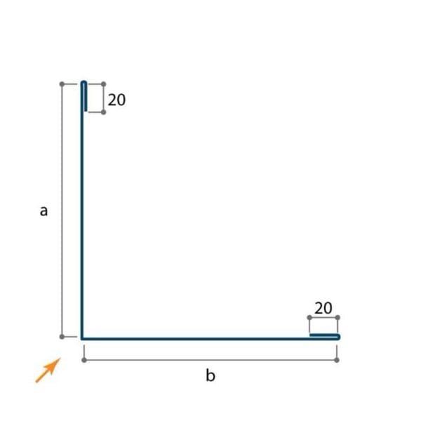 Technische tekening van de buitenhoek met afmetingen a, b en 20 mm omgezette randen