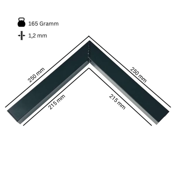 Buitenhoek CUBE, antracietgrijs, technische tekening met afmetingen en gewicht, infografiek