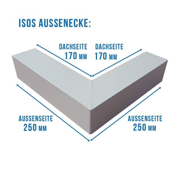 Buitenhoek ISOS aluminium Zilver-Metallic RAL 9006 met afmetingen dakzijde 170 mm, buitenzijde 250 mm