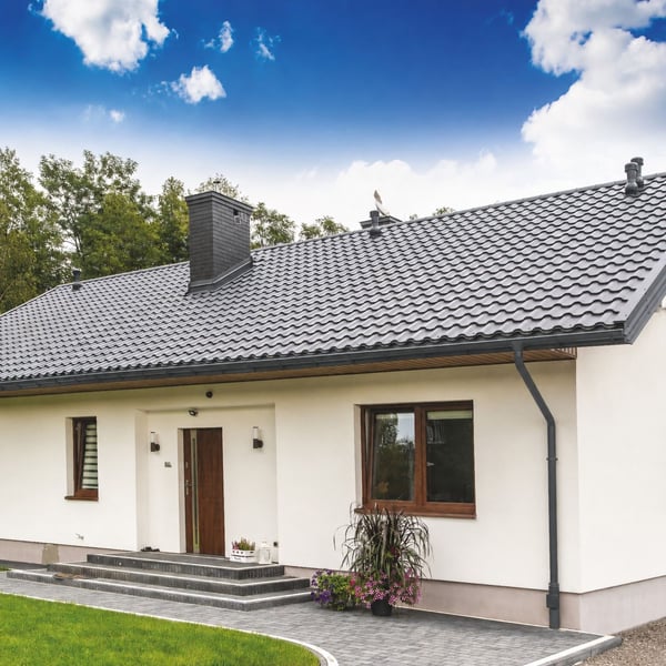 Woning met grafietgrijze Niagara dakgoten en regenpijpen aan de gevel