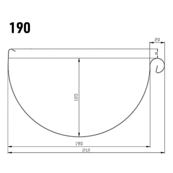 Technische tekening van de dakgoot met afmetingen 190 mm breed en 105 mm diep