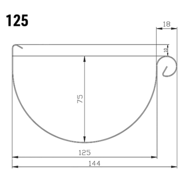 Technische tekening van de dakgoot met afmetingen 125 mm breedte en 75 mm diepte