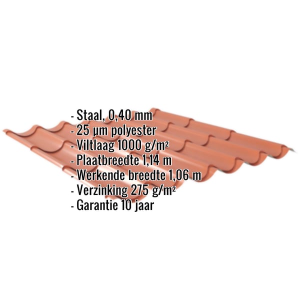 Dakpanplaat Koperbruin met ingebedde gegevens zoals materiaal, dikte, coating en garantie