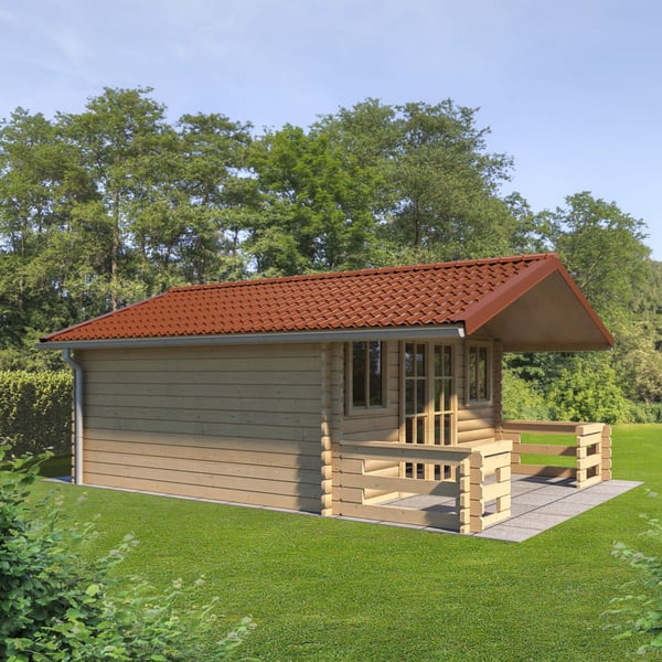 Dakpanplaat Koperbruin op het dak van een klein houten tuinhuis met terras
