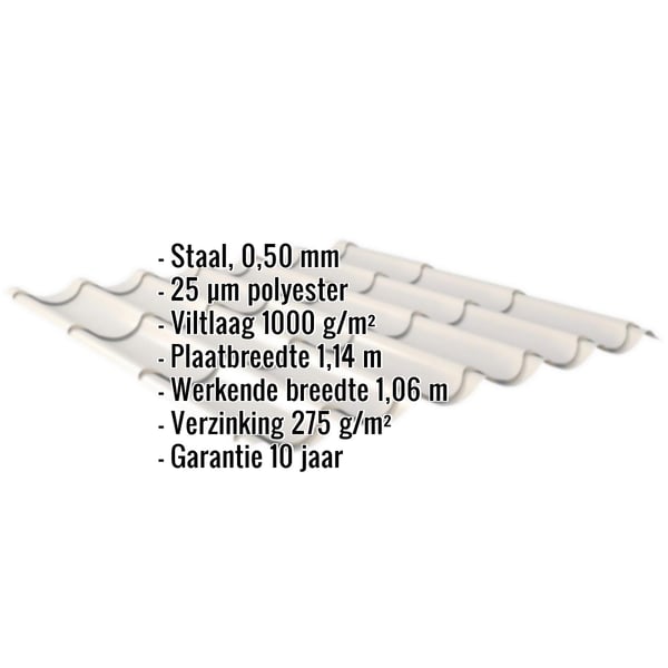 Dakpanplaat Grijswit met ingebedde specificaties voor materiaal, dikte, coating en garantie