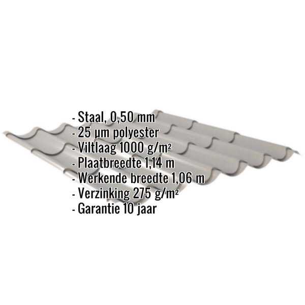 Dakpanplaat 2/1060 grijs aluminiumkleurig, infografiek met materiaal, dikte, coating en garantie
