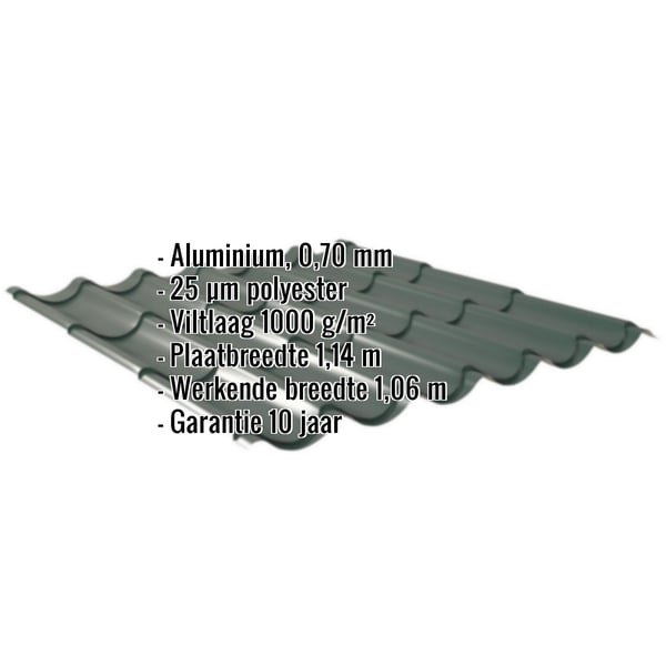 Dakpanplaat Mosgroen met ingebedde gegevens: Aluminium, 0,70 mm, 25 µm polyester, viltlaag 1000 g/m², breedte 1,14 m