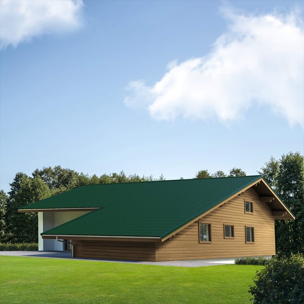 Dakpanplaat mosgroen RAL 6005 op het dak van een houten huis met aanbouw, omgeven door bomen
