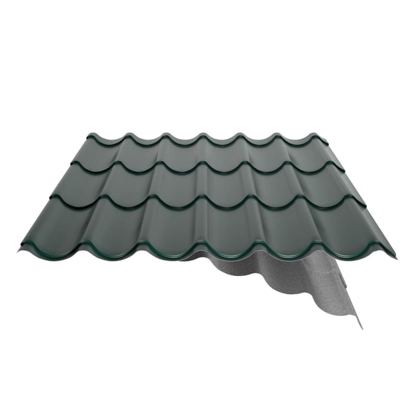 Dakpanplaat 2/1060 anti-condens, aluminium 0,70 mm, mosgroen RAL 6005, detail van de vliescoating