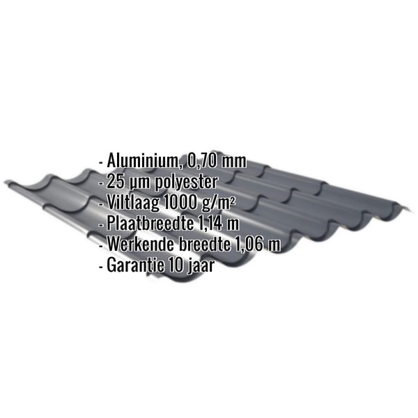Dakpanplaat aluminium antracietgrijs met ingebedde productgegevens over materiaal, coating en garantie