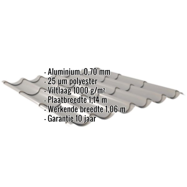 Dakpanplaat aluminium RAL9007 met ingebouwde gegevens over materiaal, coating en garantie