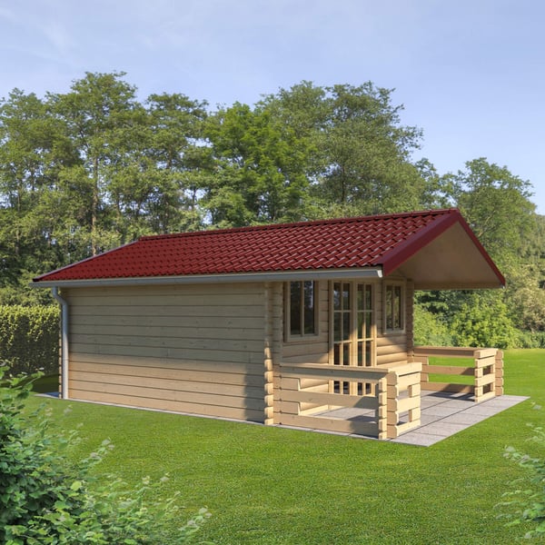 Tuinhuis met dak van dakpanplaat Wijnrood (RAL 3005) 0,50 mm, toepassingsvoorbeeld