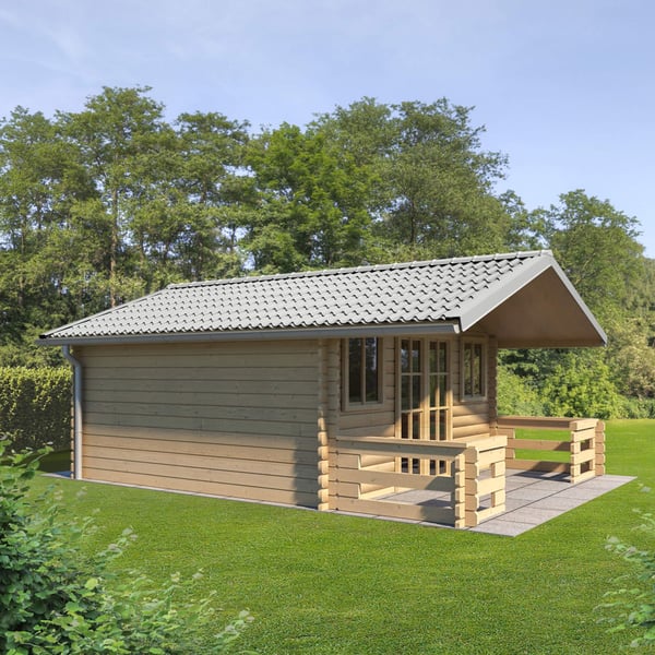 Dakpanplaat 2/1060 lichtgrijs op het dak van een tuinhuis, totaalbeeld