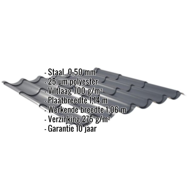 Dakpanplaat 2/1060 Antracietgrijs met ingebedde specificaties voor materiaal, dikte, coating en afmetingen