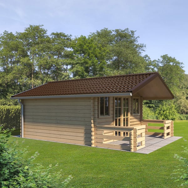 Tuinhuis met dak van sepiabruine dakpanplaat 2/1060, omgeven door groen
