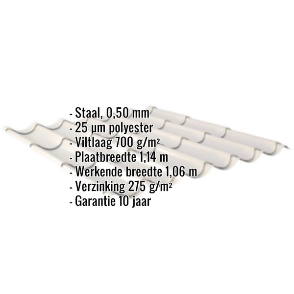 Dakpanplaat Grijswit RAL 9002, 0,50 mm staal, met ingebouwde technische gegevens en garantie-informatie