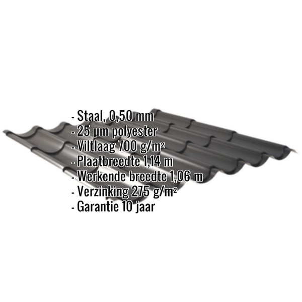 Dakpanplaat Gitzwart met ingebedde specificaties: Staal 0,50 mm, 25 µm polyester, viltlaag 700 g/m², 10 jaar garantie