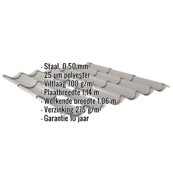 Dakpanplaat 2/1060, grijs aluminiumkleurig, met ingebedde productgegevens over materiaal, dikte en coating