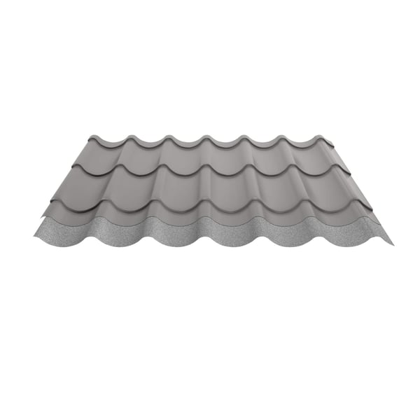 Dakpanplaat 2/1060, grijs aluminiumkleurig, met zichtbare anti-condensvliescoating aan de onderzijde