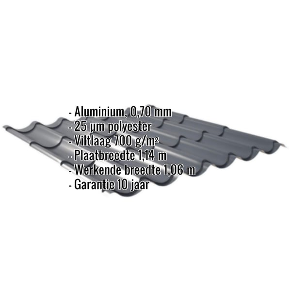 Dakpanplaat aluminium 0,70 mm Antracietgrijs met ingebedde specificaties en anti-condensvlies 700 g/m²