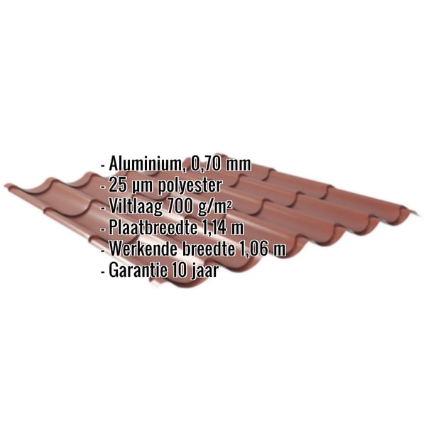 Dakpanplaat aluminium Roodbruin RAL 8012 met ingebouwde specificaties voor materiaal, dikte, coating en garantie