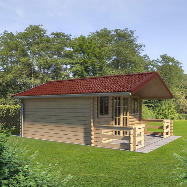 Dakpanplaat aluminium Roodbruin RAL 8012 op het dak van een tuinhuis met veranda