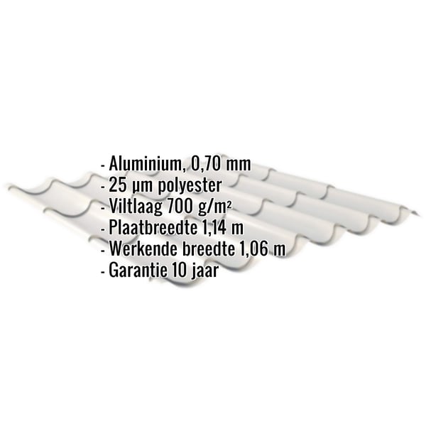 Dakpanplaat aluminium Zilver-Metallic met ingebedde gegevens over materiaal, dikte, coating en garantie