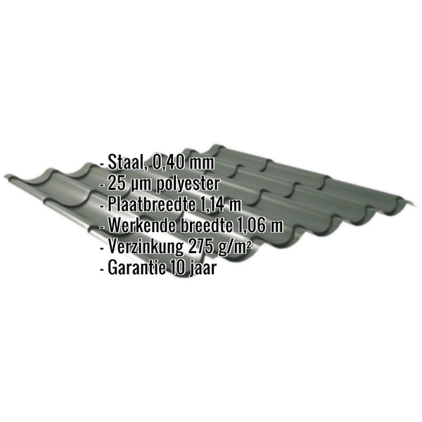 Dakpanplaat 2/1060 Chroomoxydegroen met ingebedde specificaties: staal 0,40mm, 25µm polyester, plaatbreedte 1,14m